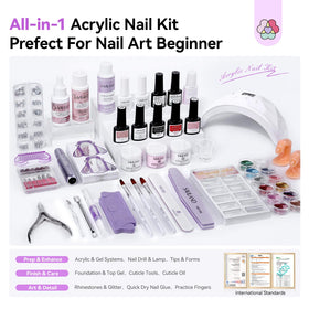 SAVILAND contents laid out displaying powders, monomer, gels and tools for convenient setup