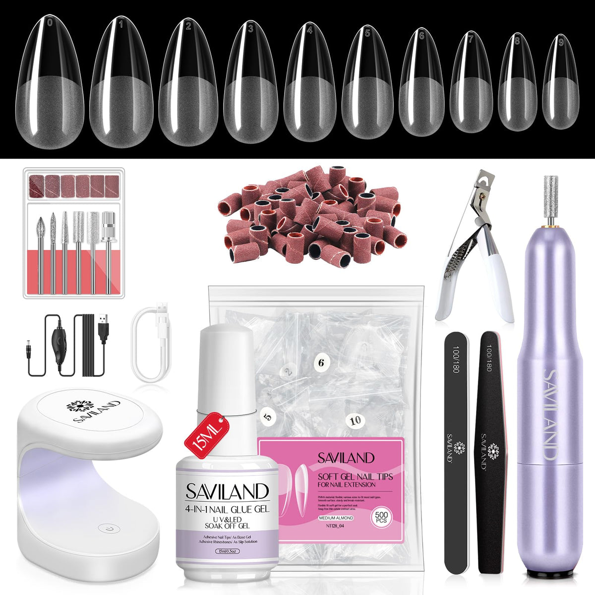 SAVILAND front package shot showing complete almond gel nail kit benefits