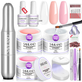SAVILAND kit front packaging showing all included tools and gels for complete nail builds