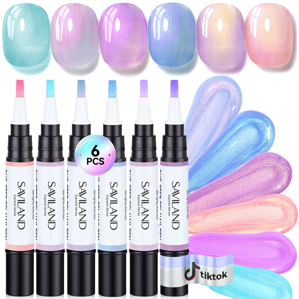 SAVILAND front view of six gel pens showing iridescent shades and compact packaging benefit portability