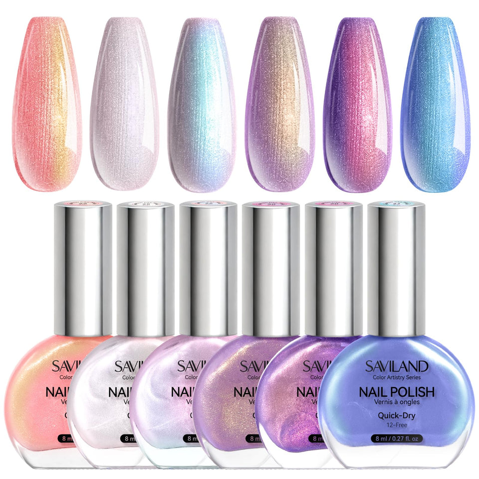 SAVILAND front view six-bottle set showing aurora shimmer shades and quick-dry benefit