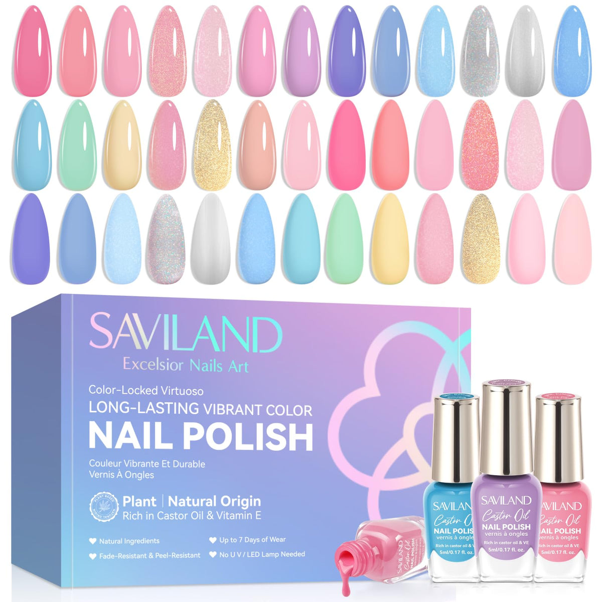 SAVILAND front packaging showing 23 pastel nail polish bottles and labels, ideal starter kit