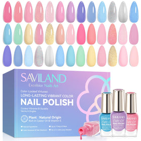 SAVILAND front packaging showing 23 pastel nail polish bottles and labels, ideal starter kit