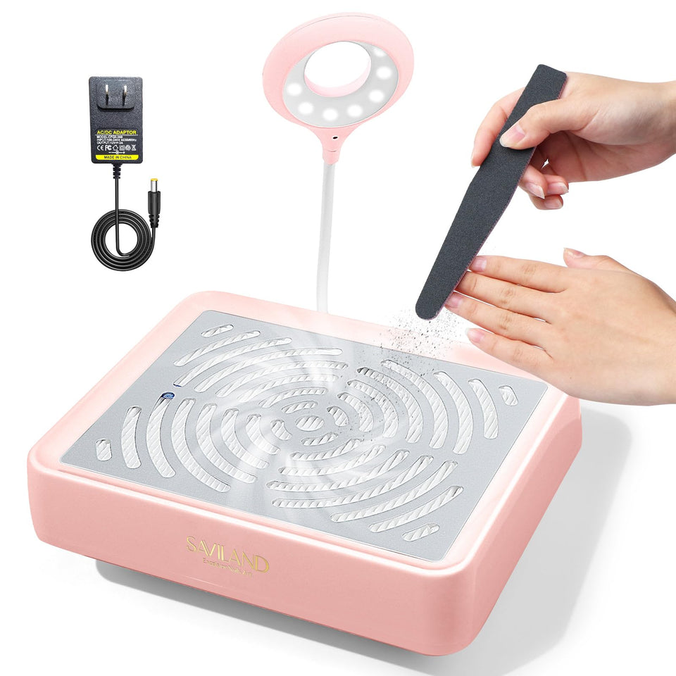 SAVILAND front view in pink showing compact extractor and benefits of tidy workspace
