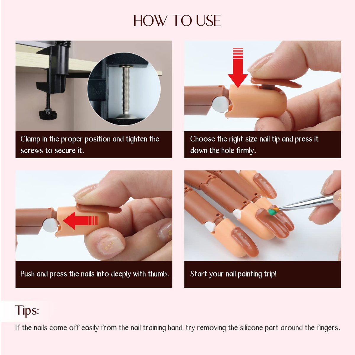 Saviland hand in use applying acrylic tips demonstrating realistic training benefit