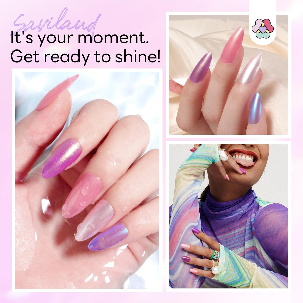 SAVILAND on hand model purple shimmer showing quick 60s dry and vibrant finish benefit