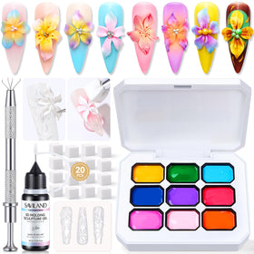 SAVILAND kit flatlay showing nine pat gels and tools for versatile nail art