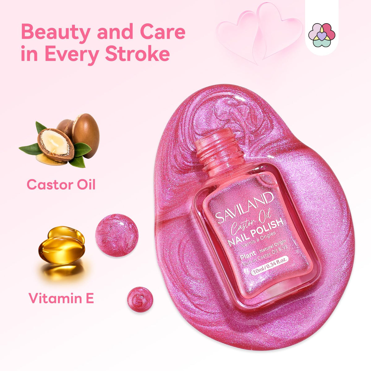 SAVILAND bottle label showing castor oil and vitamin E for nail nourishment benefits.
