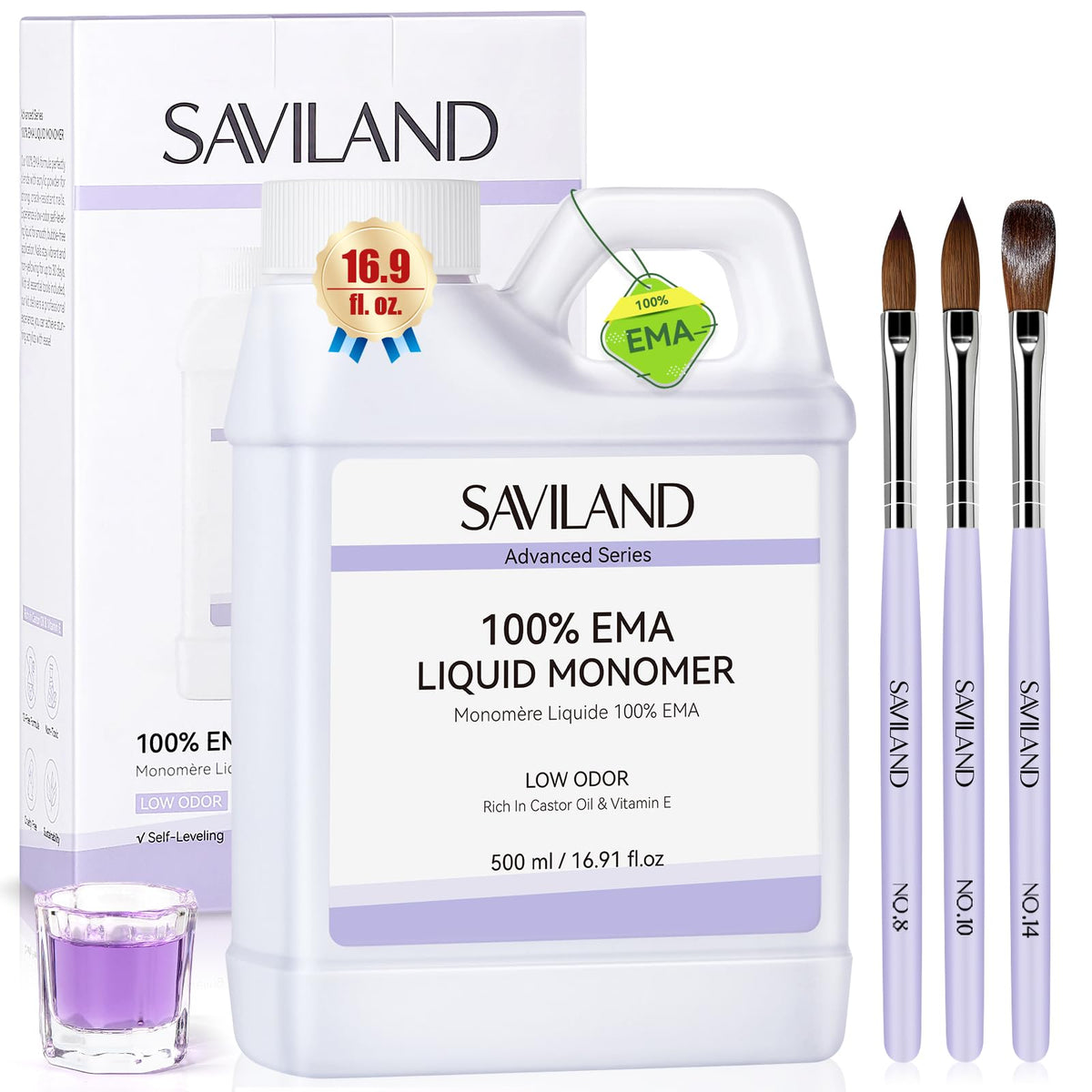 SAVILAND front bottle showing 500ml monomer, clear formula for consistent beads