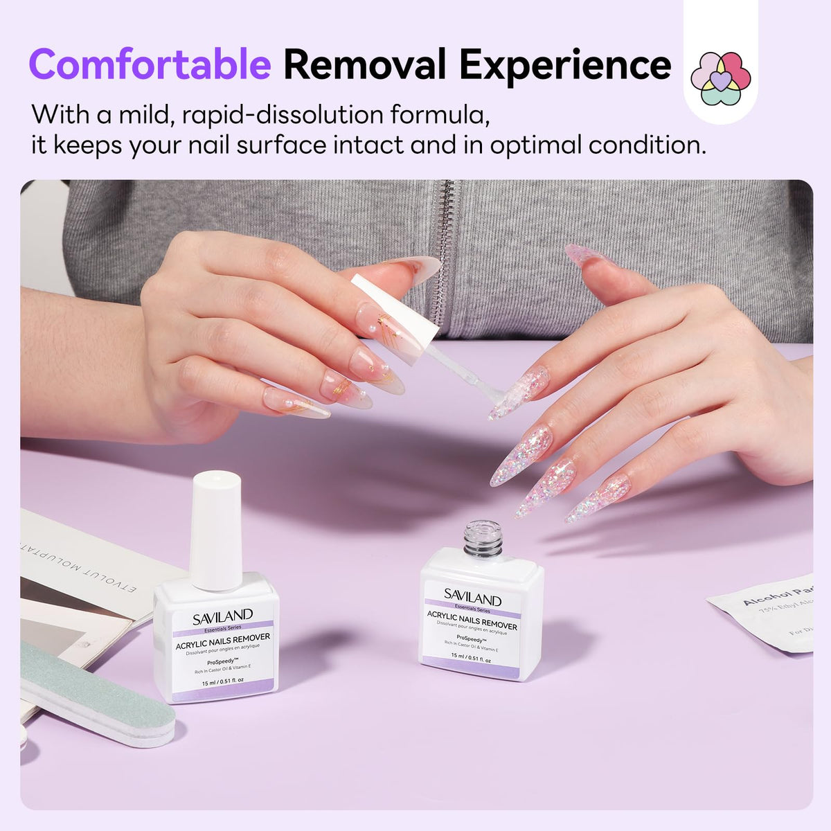 SAVILAND nail file and tools layout showing included accessories for smooth finishing