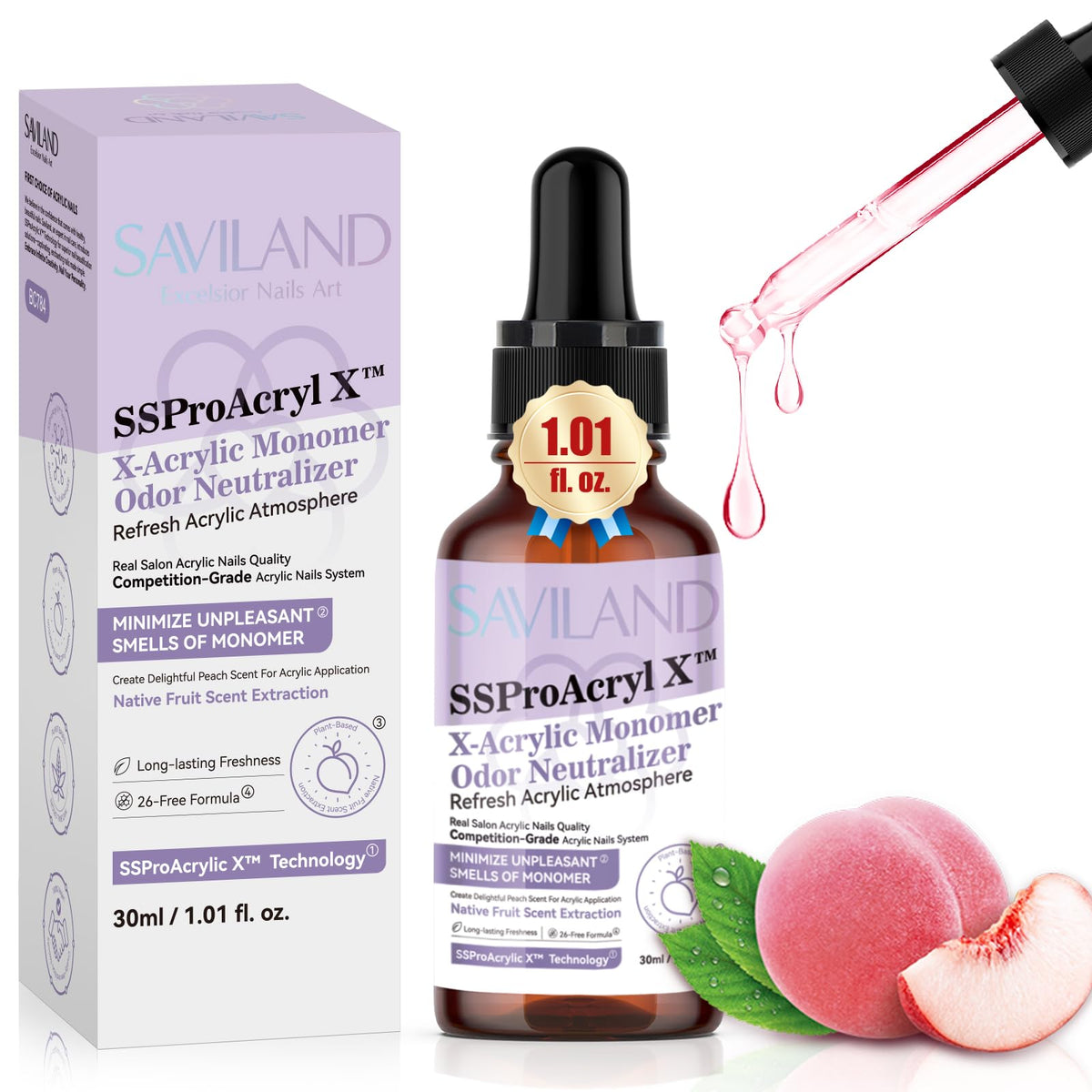 SAVILAND bottle front view showing peach neutralizer and brand benefit