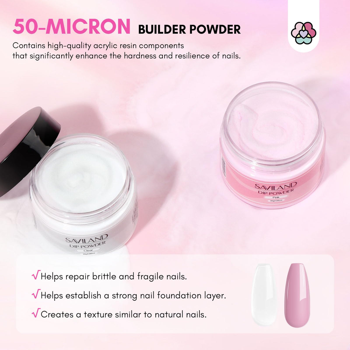 SAVILAND pink dip powder jar detail for natural-looking repaired nails