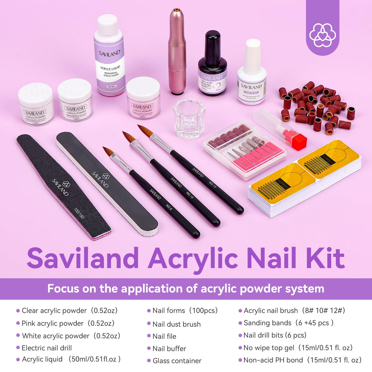 SAVILAND close-up of white pink and clear powders plus monomer liquid for precision mixing