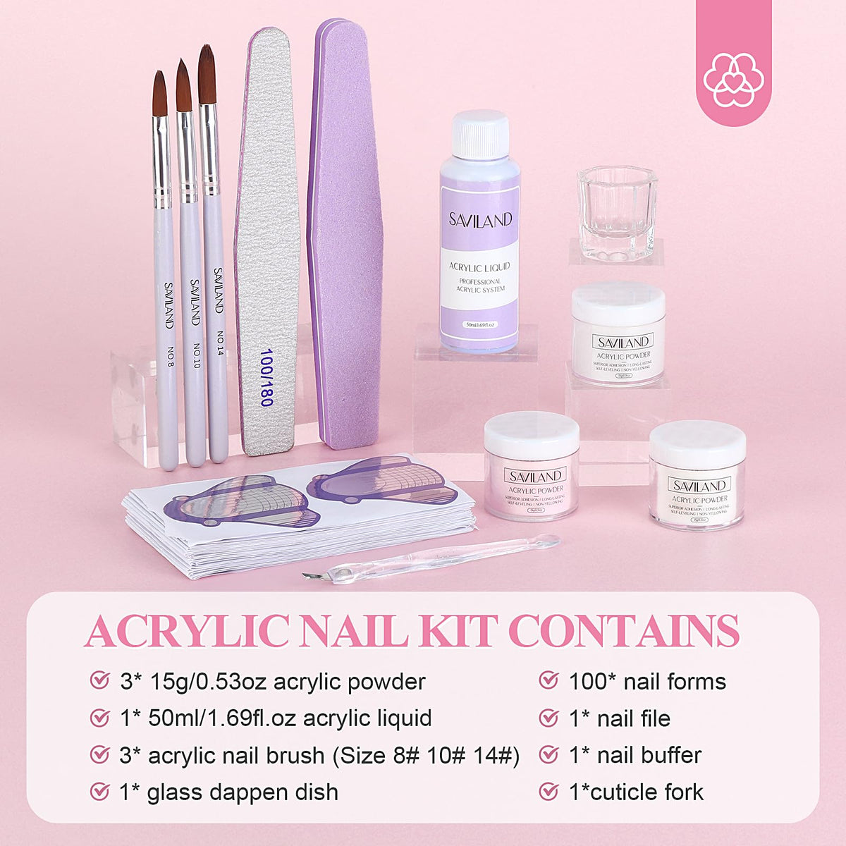 SAVILAND trio of clear white and pink acrylic powders for versatile nail looks