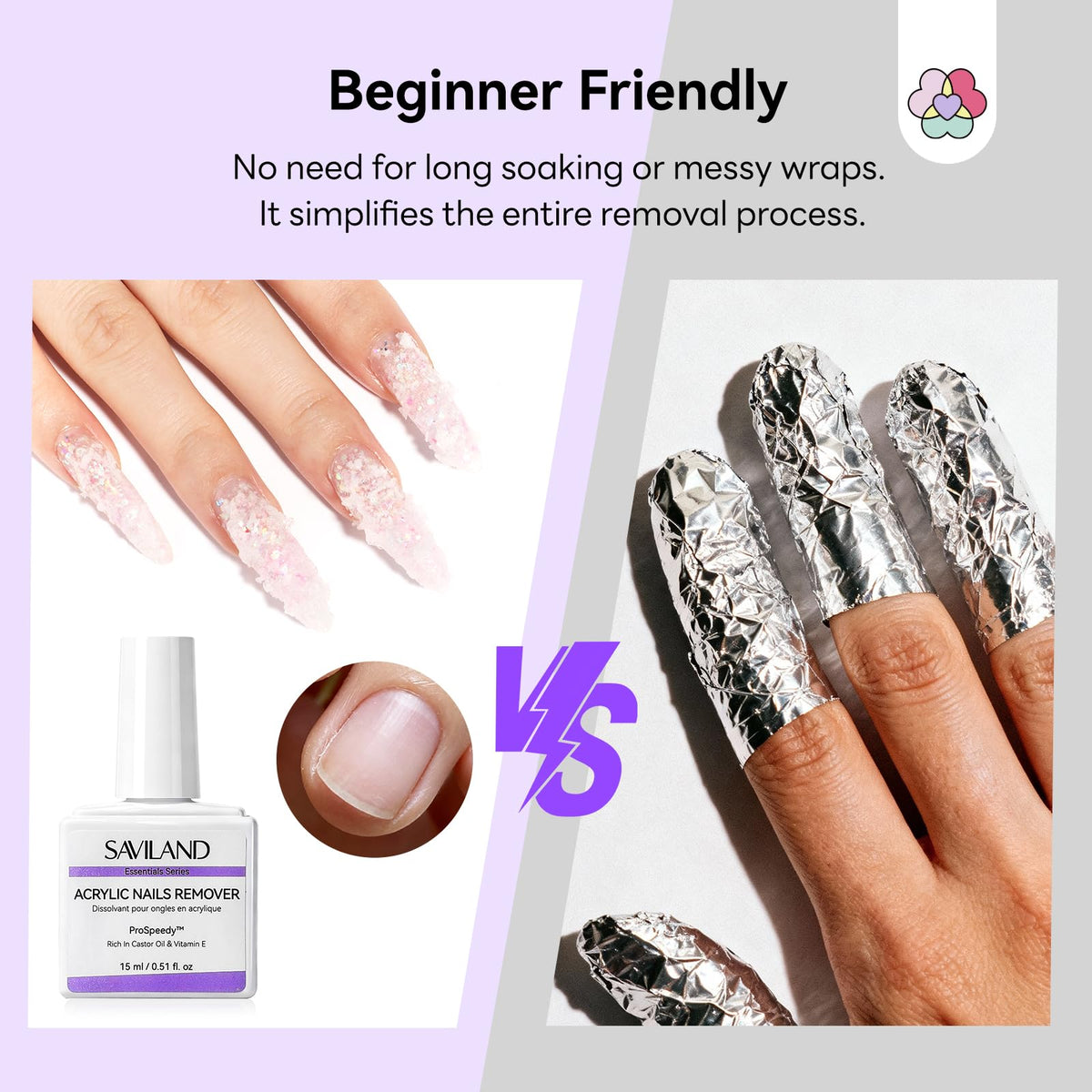 SAVILAND remover in action on fingernail demonstrating quick acrylic breakdown benefit