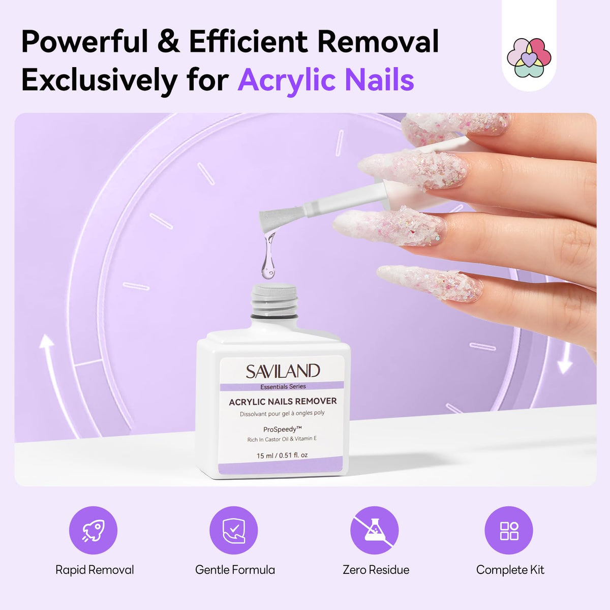 SAVILAND remover liquid bottle closeup highlighting formula clarity and efficiency