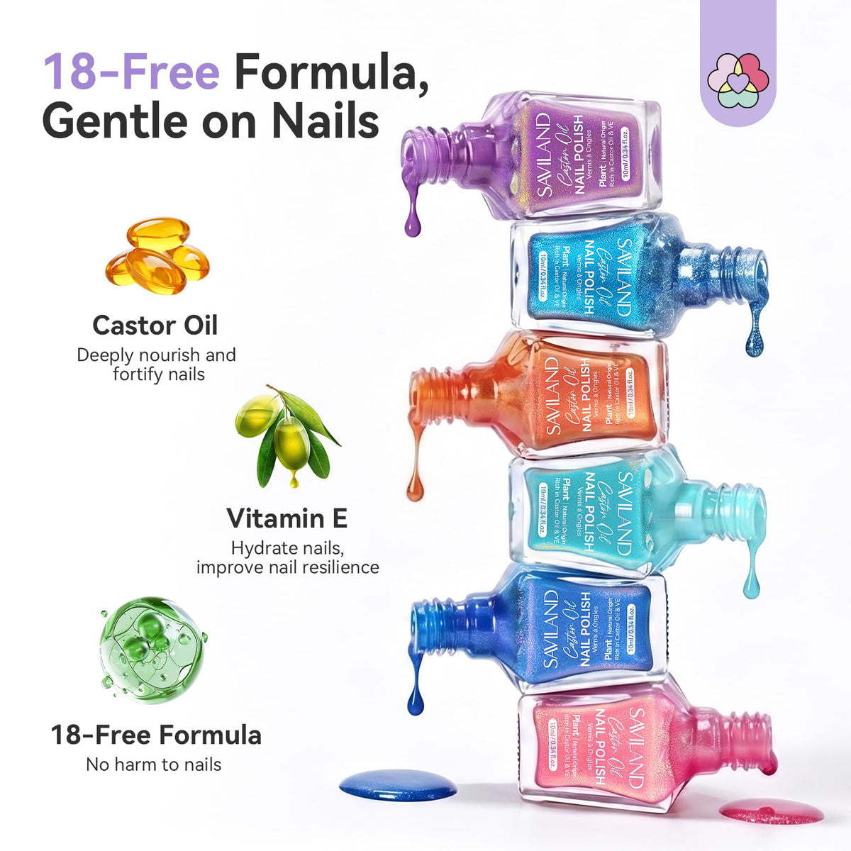 SAVILAND hand holding bottle showing 10ml scale for travel convenience