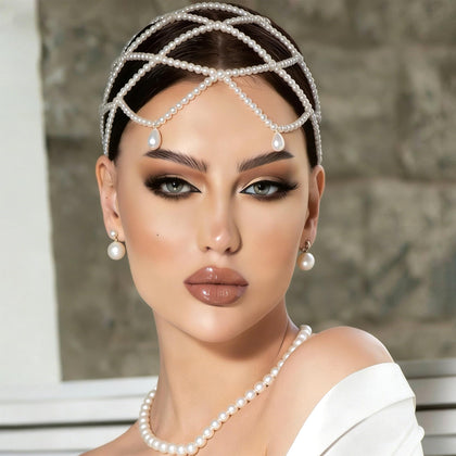 SAWINDA front view pearl head chain showing full-head coverage and elegant look