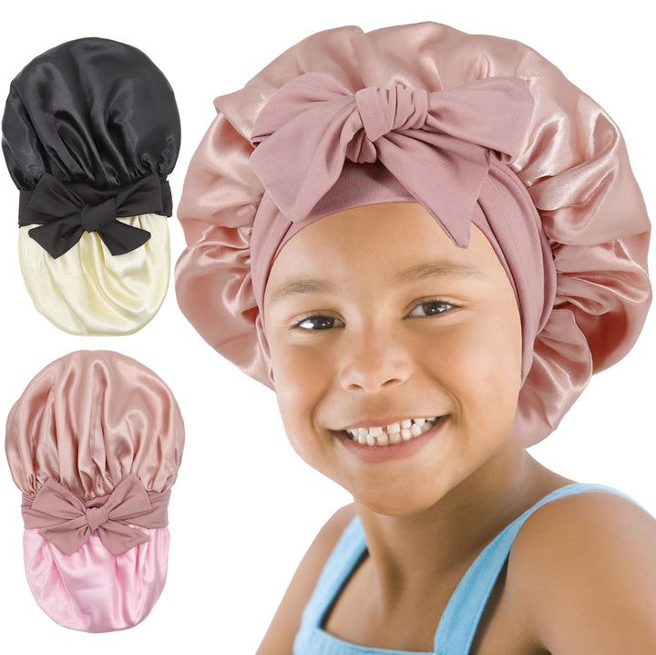 SAYMRE bonnet front view showing pink and black pair, protects hair overnight