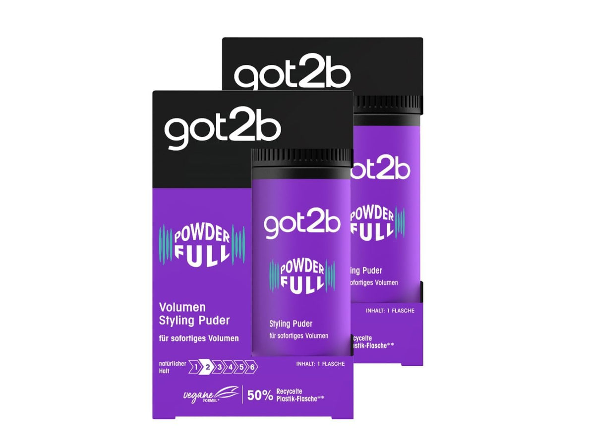 schwarzkopf got2b powder'ful front packaging shows compact twin pots for travel convenience