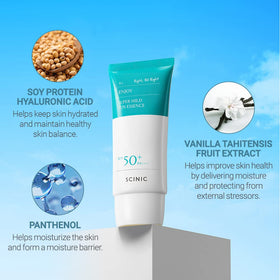 SCINIC ingredients panel with soy protein hyaluronic acid visible benefit