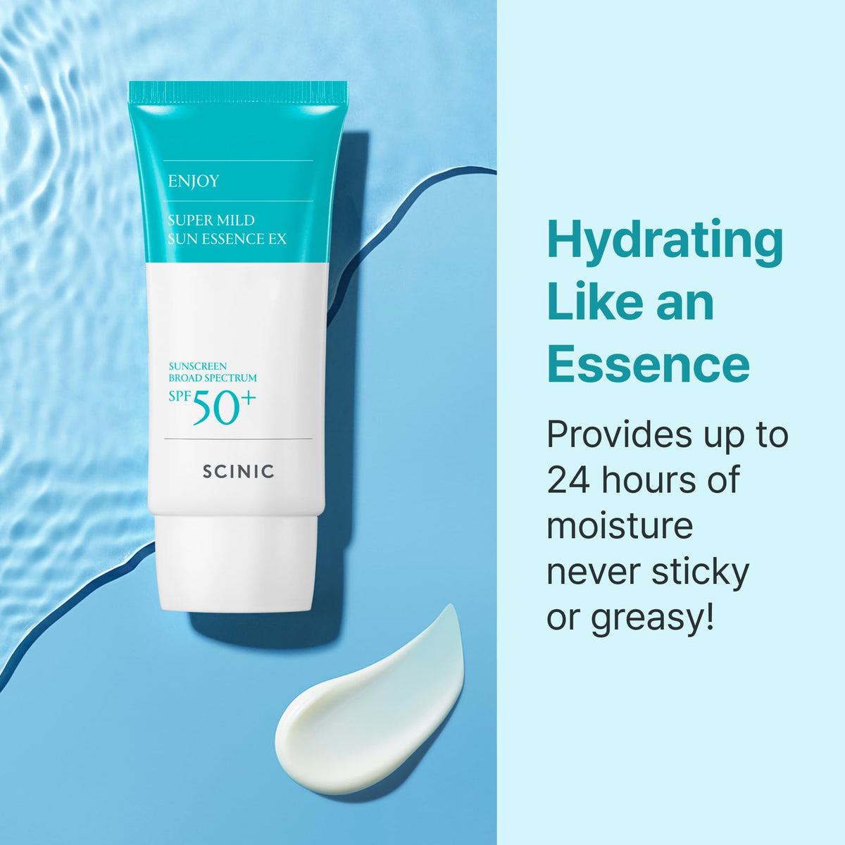SCINIC sunscreen being spread on skin showing smooth non-greasy finish