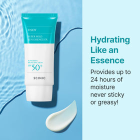 SCINIC sunscreen being spread on skin showing smooth non-greasy finish