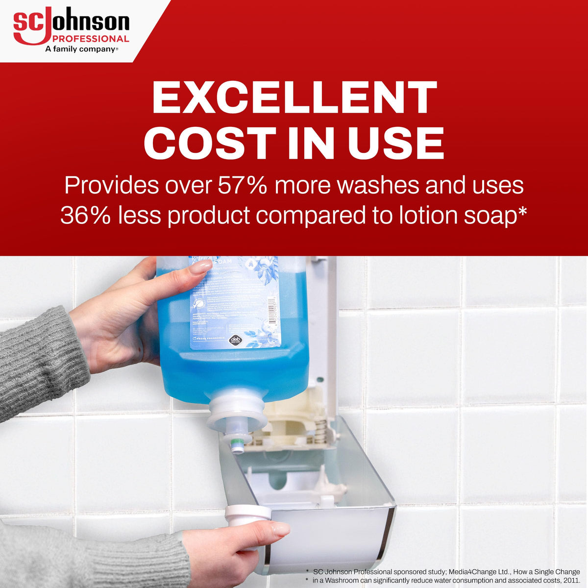 SC Johnson Professional foaming soap being dispensed for quick rinsing