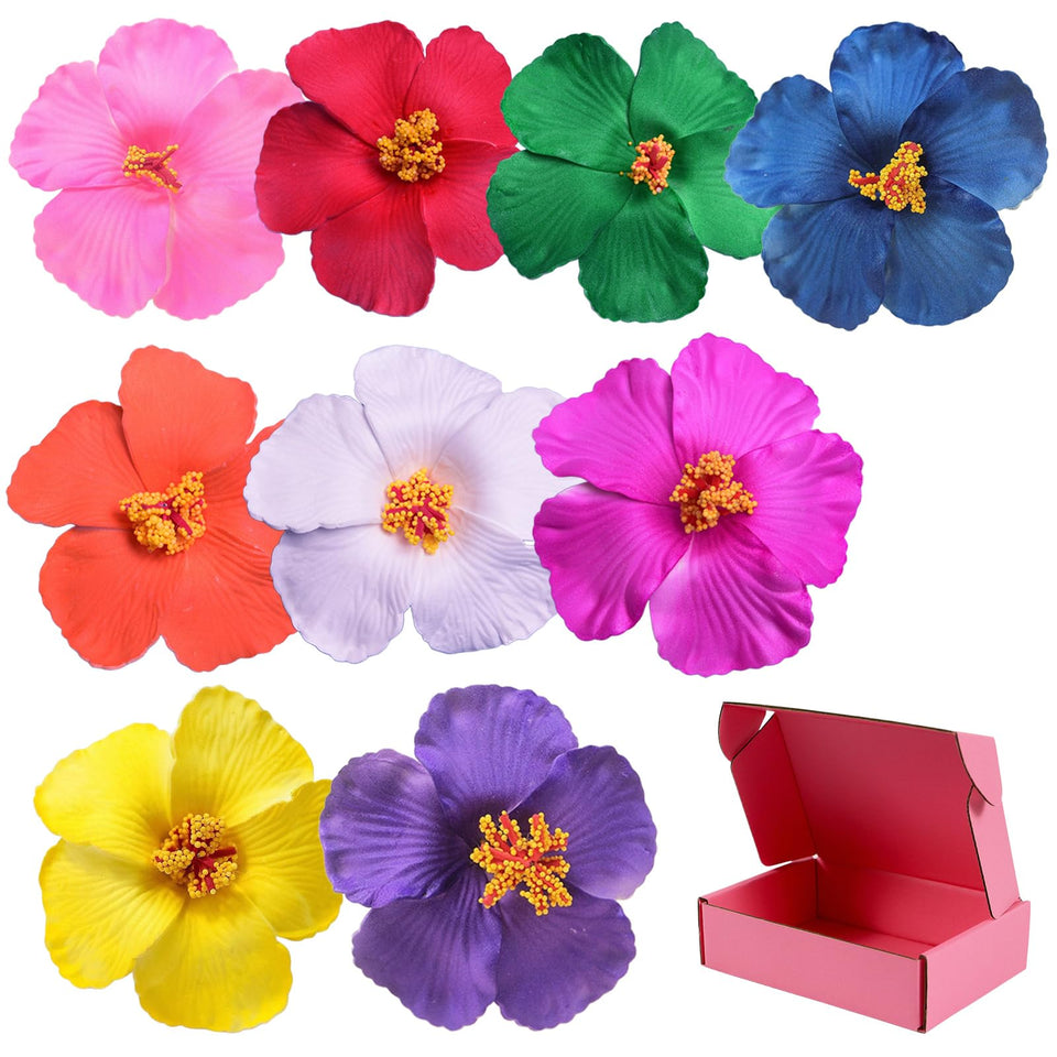 SCORYULE front-packed box of nine colorful hibiscus clips for gift-ready presentation