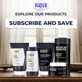 Scotch Porter on vanity beside comb and towel showing polished grooming benefit