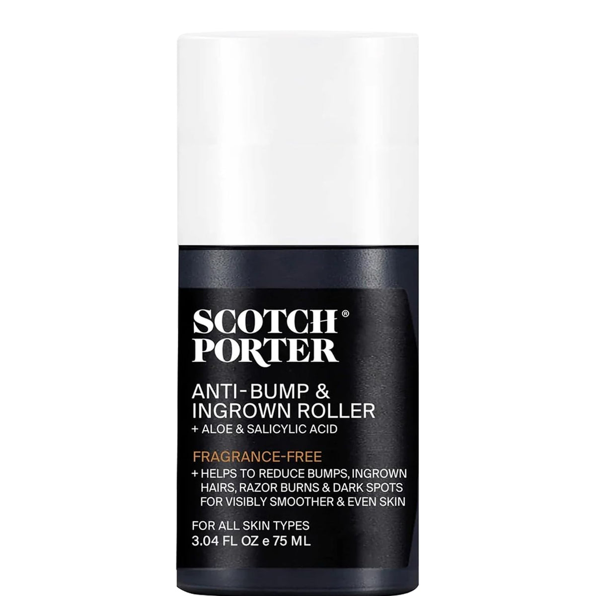 Scotch Porter front packaging roller showing bottle and label, promotes easy post-shave care