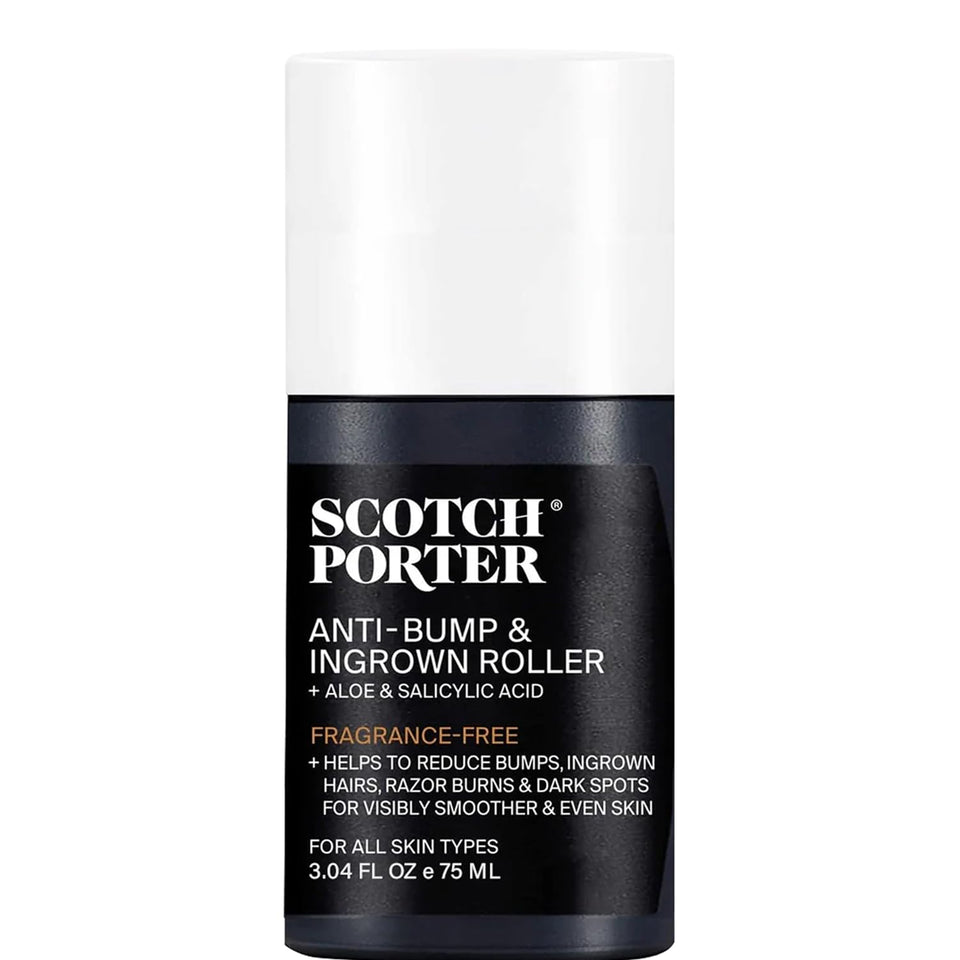 Scotch Porter front packaging roller showing bottle and label, promotes easy post-shave care