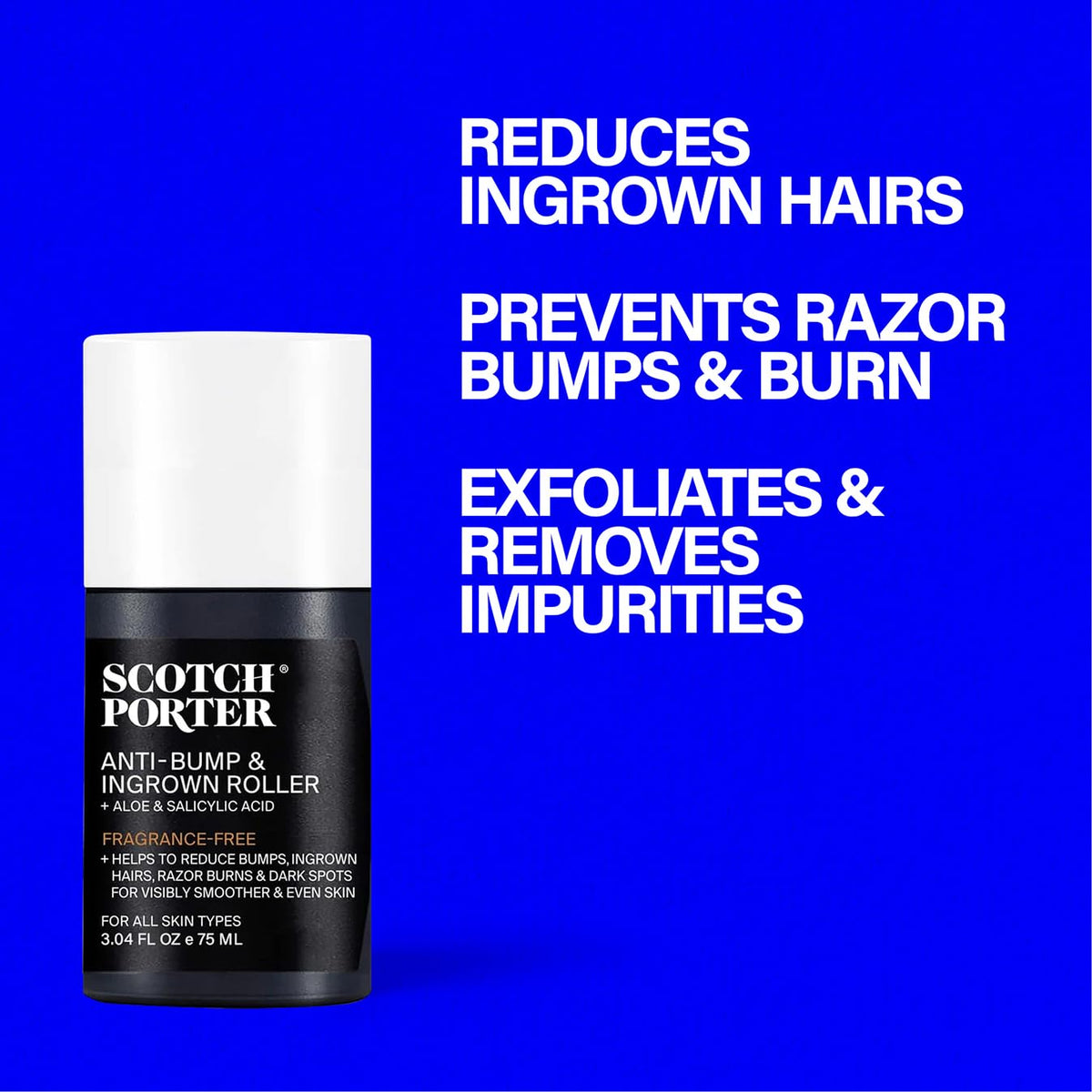 Scotch Porter roller in hand applying to jawline, illustrates precise targeted treatment