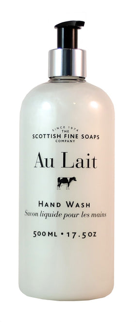 Scottish Fine Soaps front packaging showing 500ml bottle and Au Lait label for long-lasting use