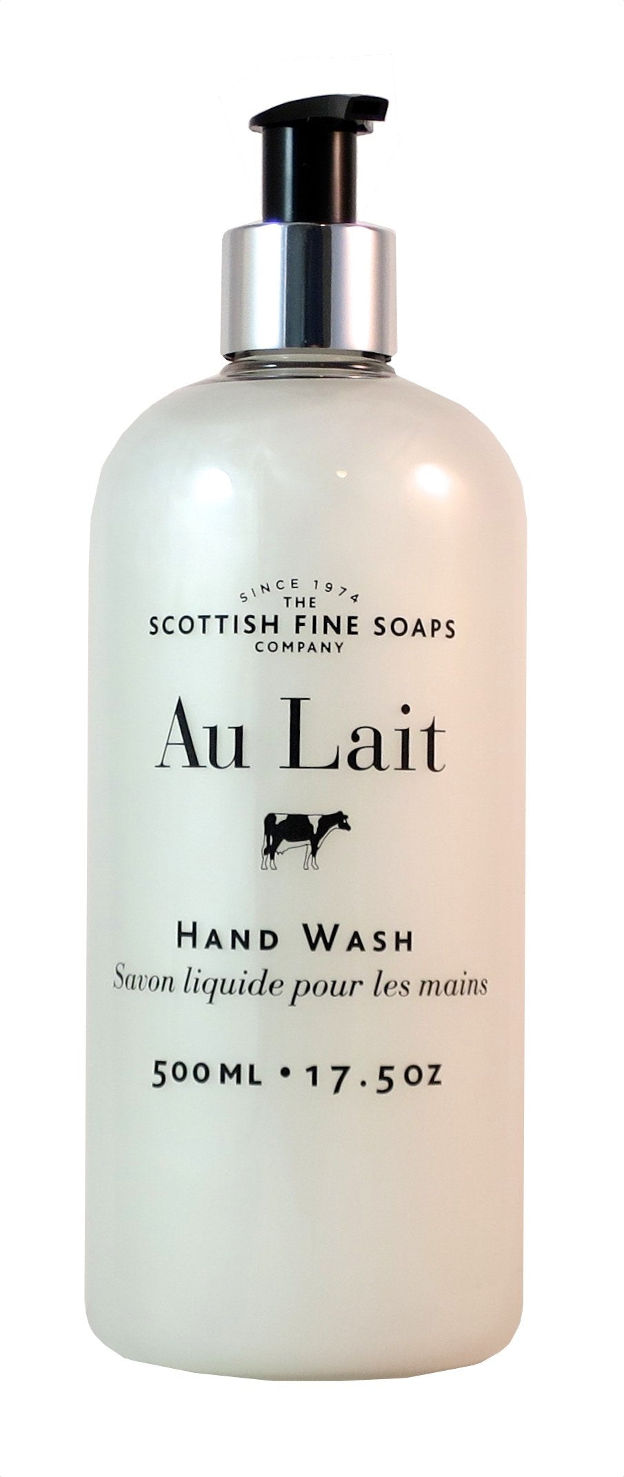 Scottish Fine Soaps front packaging showing 500ml bottle and Au Lait label for long-lasting use