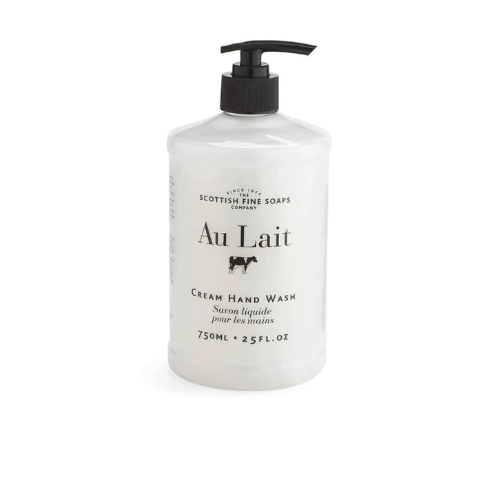 Scottish Fine Soaps Au Lait front packaging showing bottle and label, clear benefit of easy dispensing
