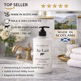 Scottish Fine Soaps Au Lait pump closeup highlighting dispensing action and convenient one‑hand use