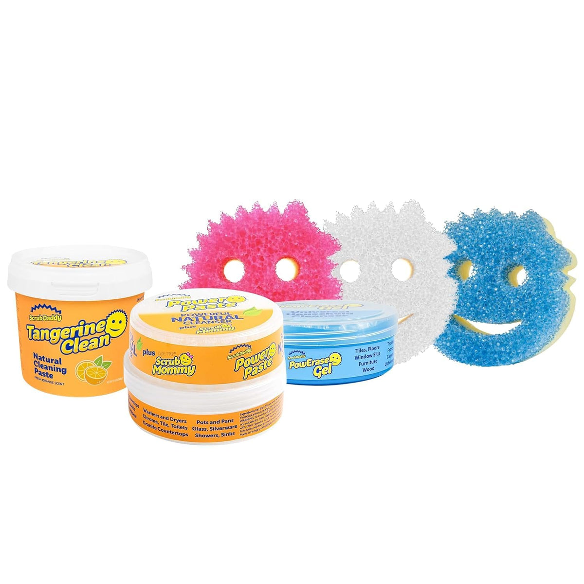 Scrub Daddy bundle front packaging showing all pastes and three Scrub Mommy sponges for versatile cleaning