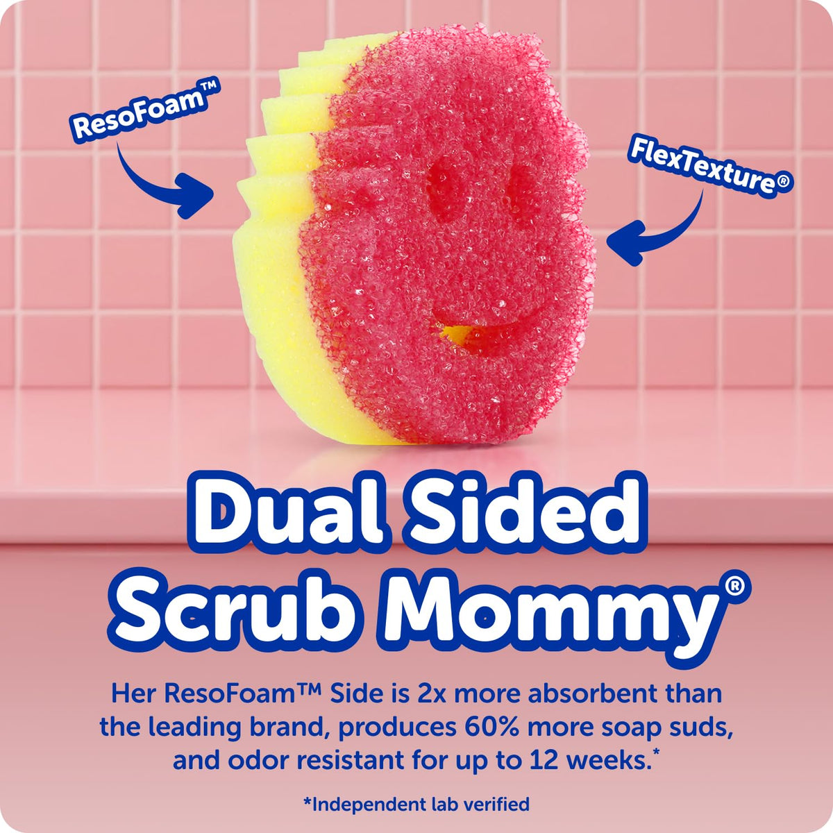 Scrub Mommy sponge dual-texture detail showing soft foam and firm FlexTexture for adaptable scrubbing