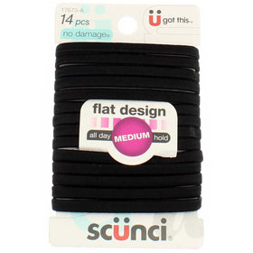 Scunci flat black front pack showing 14 ties and clear branding for convenience