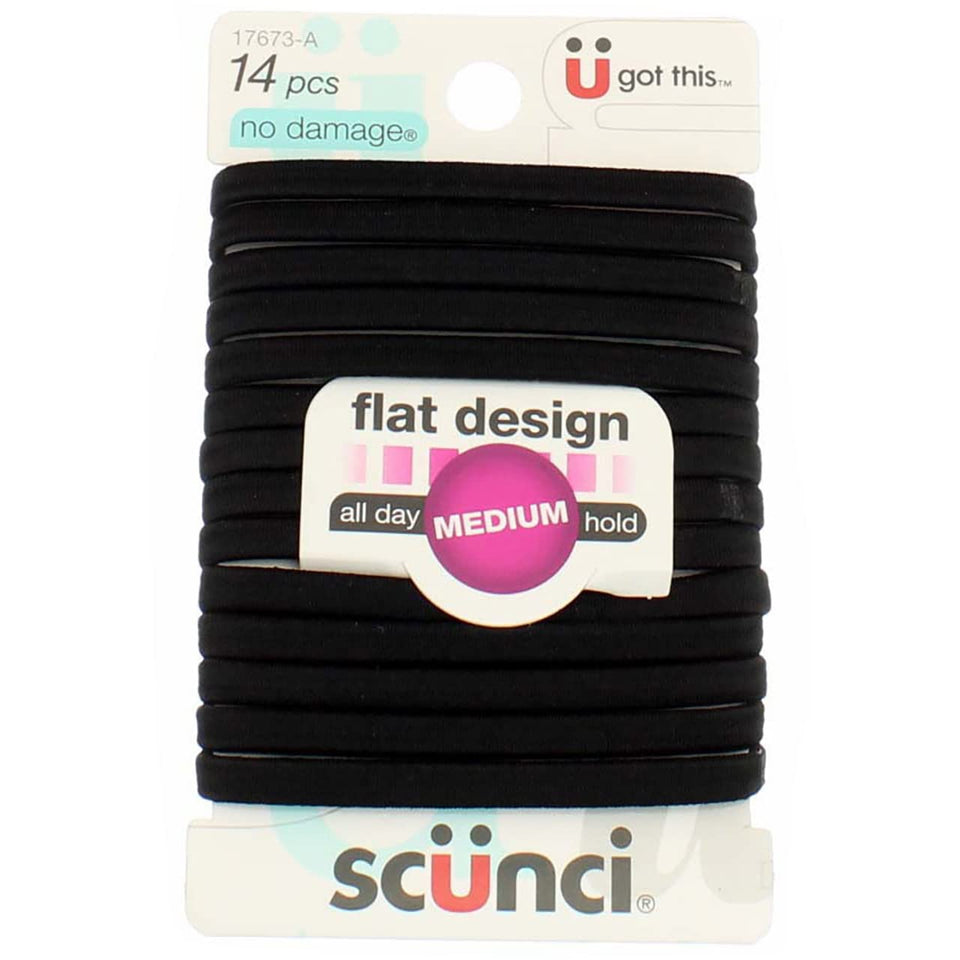 Scunci flat black front pack showing 14 ties and clear branding for convenience