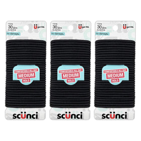 Scunci front packaging showing 90-count black elastics and clear labeling for convenience