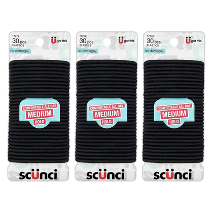 Scunci front packaging showing 90-count black elastics and clear labeling for convenience