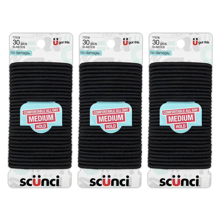 Scunci front packaging showing 90-count black elastics and clear labeling for convenience