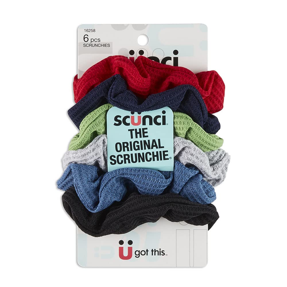 scunci front view of six-color scrunchies showing variety and easy styling