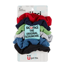 scunci front view of six-color scrunchies showing variety and easy styling