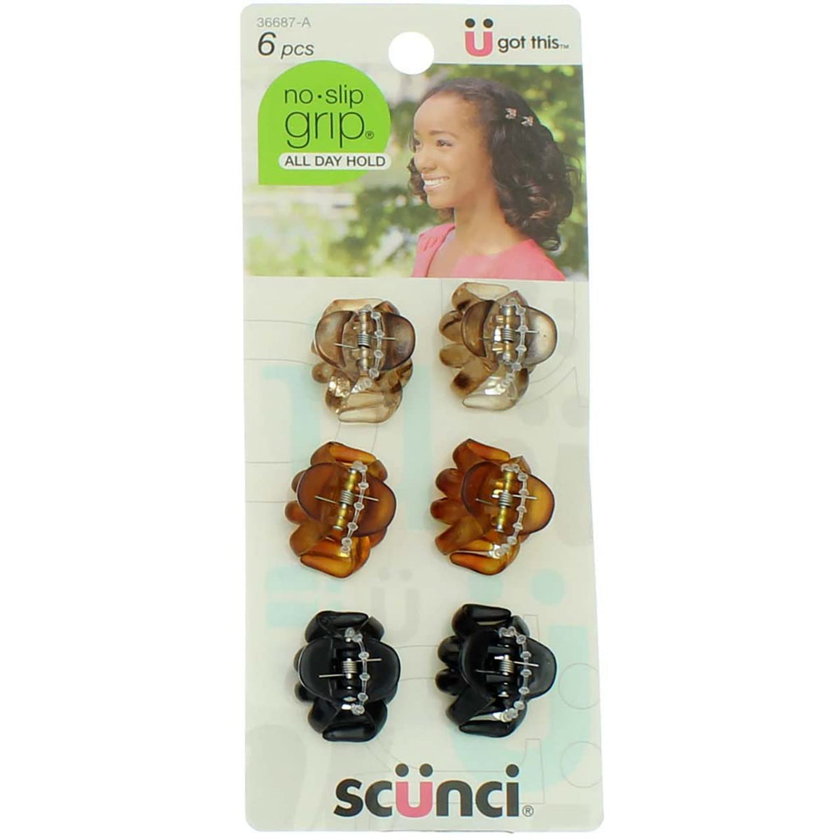 Scunci front packaging showing Pack of 2 mini octopus jaw clips and value