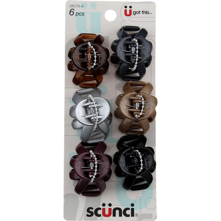 Scunci front packaging showing six 4cm octopus jaw clips for travel convenience