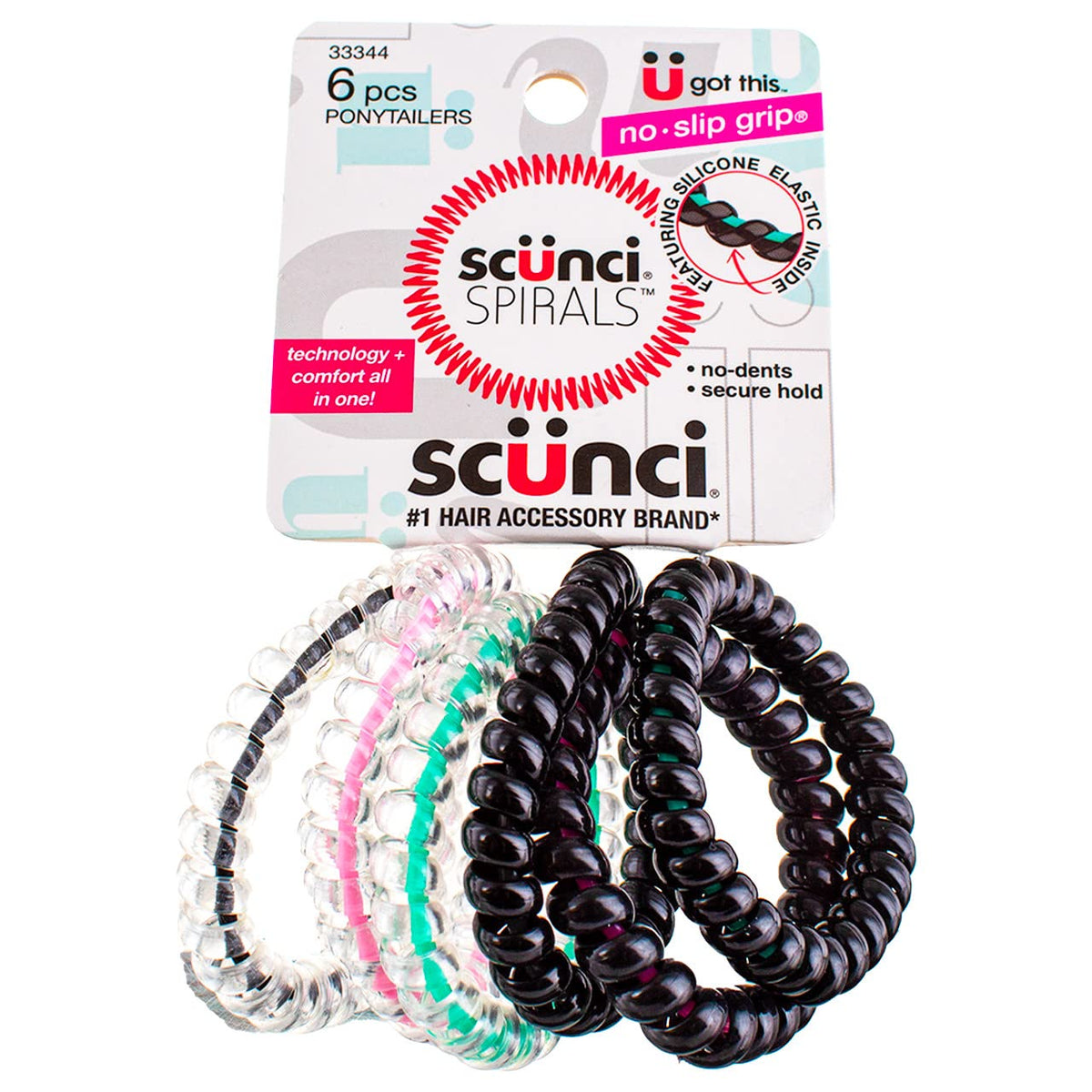 Scunci spiral ponytailers front packaging showing 6-count pack and benefits