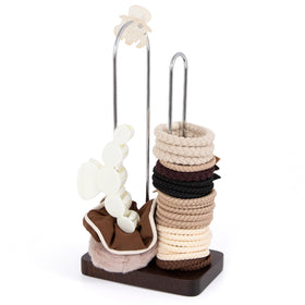 SCUNDA front view walnut scrunchie stand showing tidy storage benefit